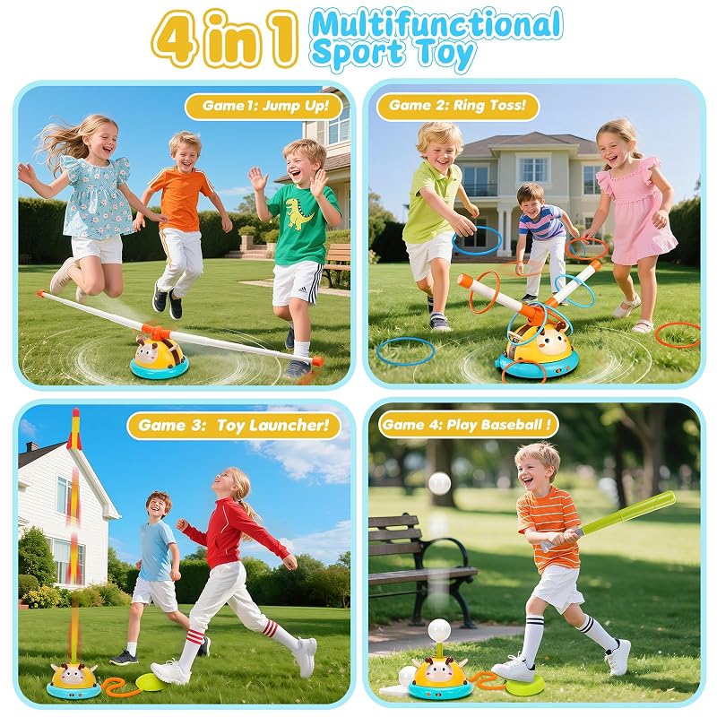 4-in-1 Kids Jump & Ring Toss Toy with Rocket Launcher and Baseball Game