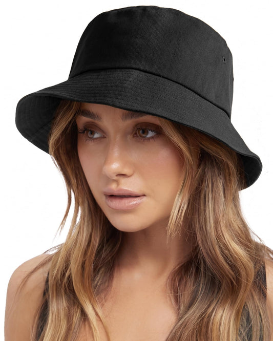 FURTALK Bucket Hats for Women Washed Cotton Packable Summer Beach Sun Hats Bucket Hat with Strings for Travel Black