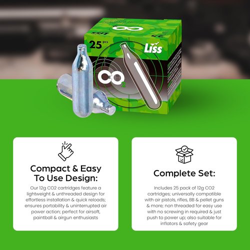 Liss 12 Gram CO2 Cartridges – 25 Pack Non Threaded Snug Fit for Airguns Air Pistols Rifles Airsoft BB & Pellet Guns Paintball Markers & Accessories
