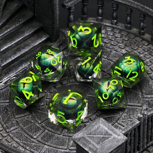 FONVGOGO Dragon Eye DND Dice Set, 7 Piece Liquid Core D and D Dice for Role Playing, Sharp Edge Resin Dungeons and Dragons Polyhedral D and D Dice with Box (Green)