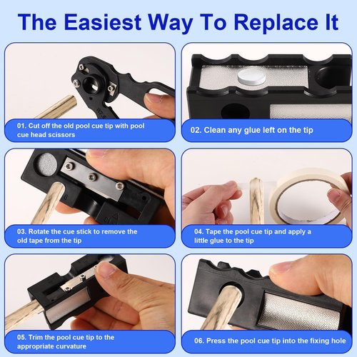 Lyreh 10-in-1 Billiard Pool Cue Tip Shaper, Pool Cue Tip Stick Repair Tool Kit Accessories Include Trimmer Scissors Replacement Blades Tape Instruction Manual L-Shaped Hexagonal Wrenches