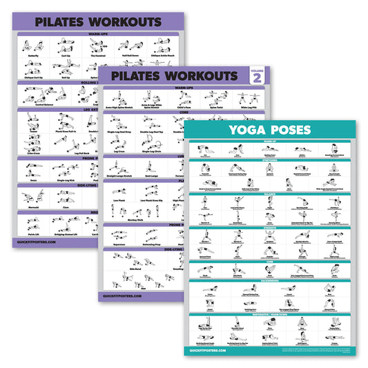 3 Pack - Pilates Workout Posters Volume 1 & 2 + Yoga Poses - Pilates Mat Work Exercises - Fitness Chart Set (18 x 24, LAMINATED)