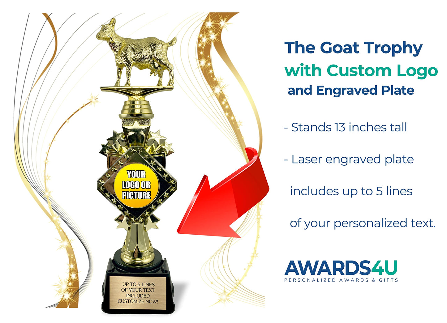 13” Goat Trophy with Custom Picture and Engraved Plate, Funny Recognition Trophies - Goat Office Personalized Award for Coworkers, Greatest of All Time Upload Your Picture or Logo