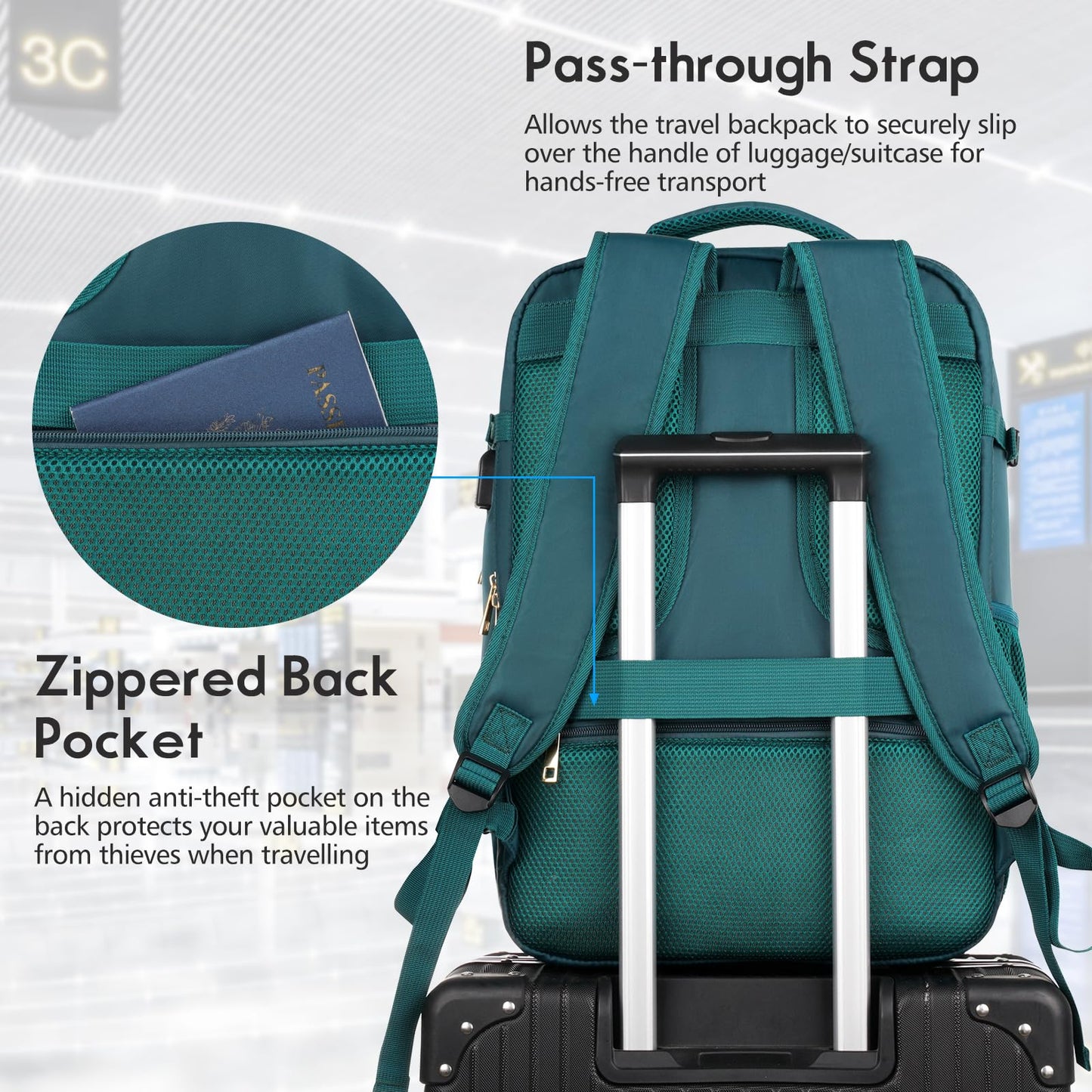 MOMUVO Large Travel Backpack Women, Flight Approved Carry On Backpack, Water Resistant Anti-Theft Large Casual Daypack Fit 17 Inch Laptop with USB Charging Port, Peacock Blue