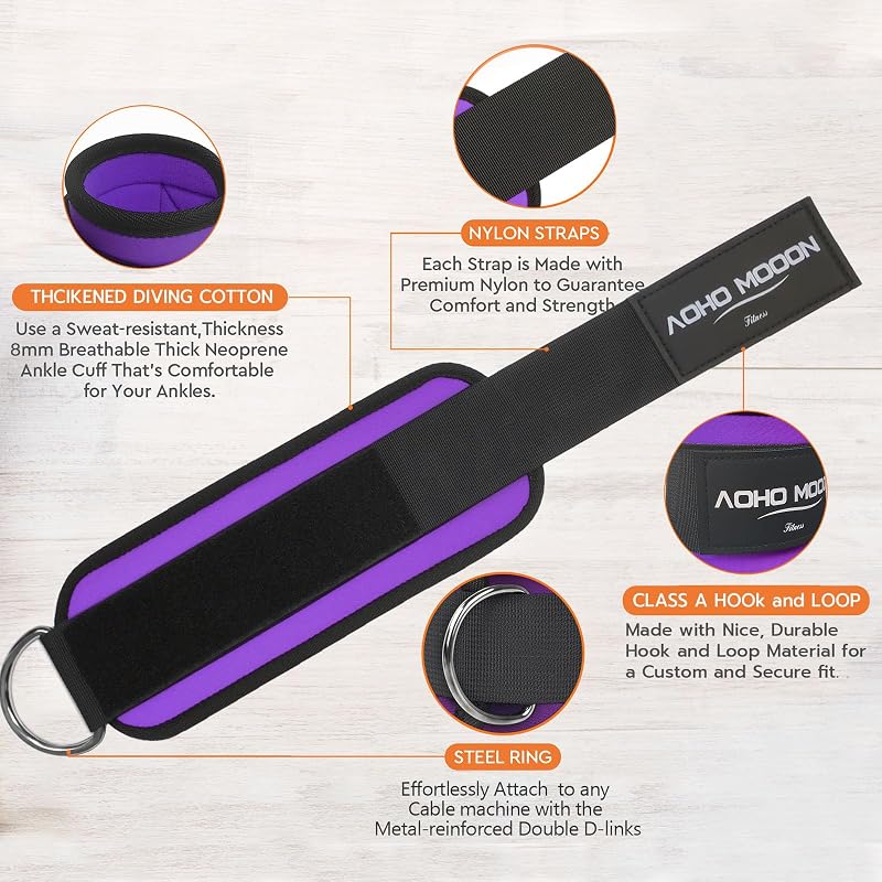 Purple Ankle Straps for Cable Machines — Heavy-Duty Livingsfit Style, 8mm Neoprene Padding