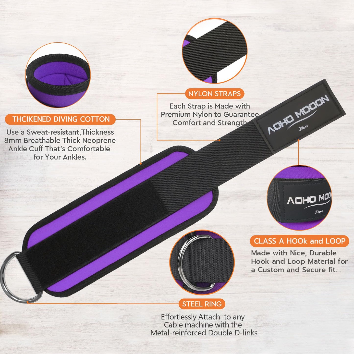 AOHO MOOON Comfortable Adjustable Ankle Straps for Cable Machines Women, Gym Workout Leg Strap, Ankle Cuffs for Glute Workouts, Foot Straps for Kickback, One Size Fit All(Single, Purple)