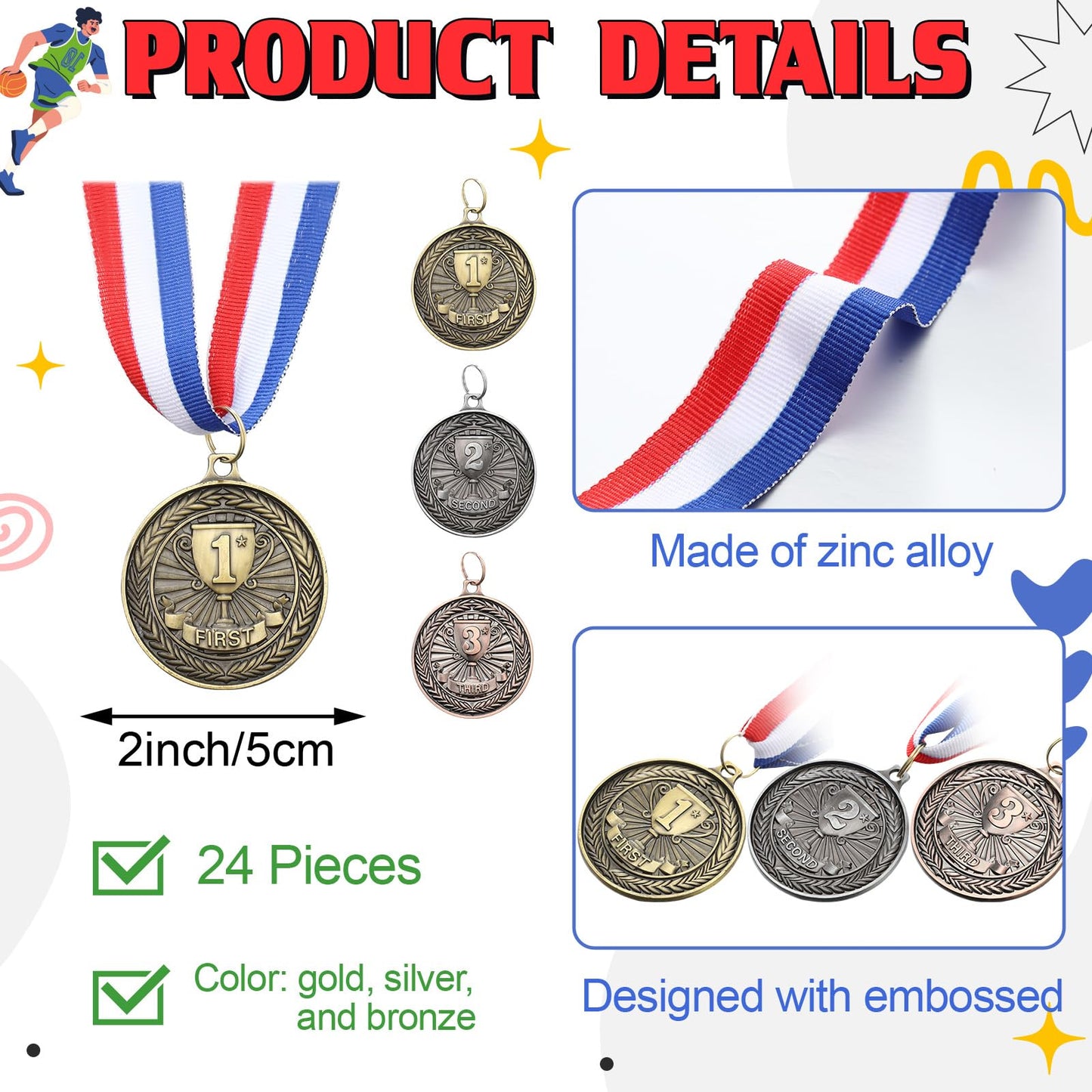 RoundFunny 24 Pcs Award Medals 1st 2nd 3rd Place Medals Metal Winner Trophy Awards Gold Silver Bronze Prizes for Sports Competitions Party, 2 Inches (Classic Color)