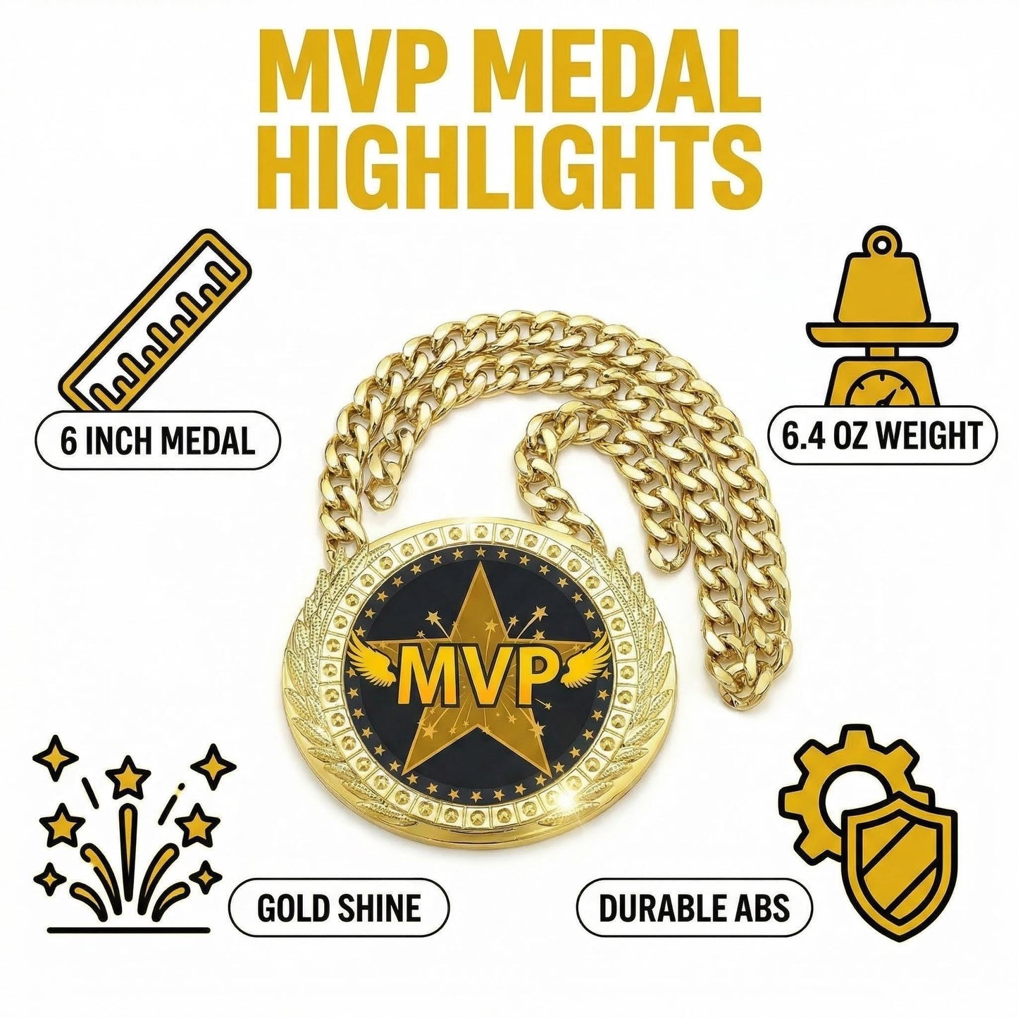 Opxuliix MVP Award Medals Turnover Chain - 6 Inch Big Gold Sports Achievement Champion Necklace for Most Valuable Player, Championship Medal for Football Soccer Basketball, Prize Gift Party Favors