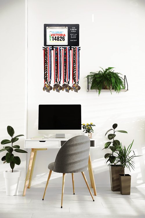 MedalAwardsRack Race Bib and Medal Display for Track, Marathons, Triathlons, Races, and More – Holds up to 28 Medal and 20 Race Bib (Chalk Board Hanger)