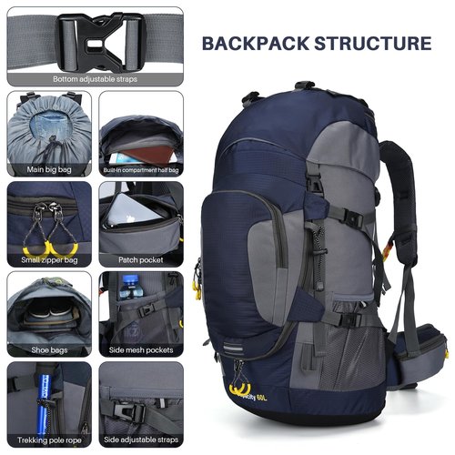 ShowyLive 60L Waterproof Hiking and Camping Backpack for Men - Durable, Lightweight Large Hiking Backpack with Rain Cover, Multi Compartments, and Adjustable Straps, Blue