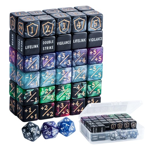 PYPGT 63 Pieces MTG Dice Counters Bulk Ability Keyword Counters Life Counter 1/+1 counters,6 Sided Dice Set for Tabletop Games,MTG, TCG, Card Games Accessories
