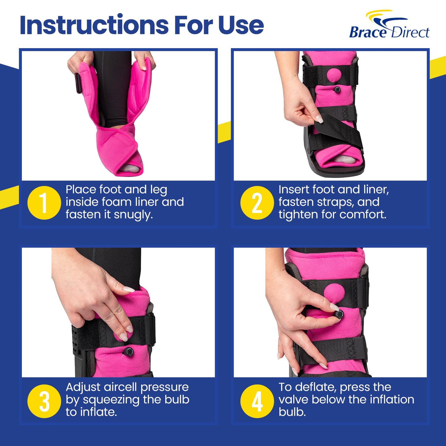 Brace Direct Women’s Short Air CAM Walker Boot - Pink Lined Fracture Boot with Air Pump for Foot & Ankle Fractures, Injuries, Sprains, and Post Op Recovery L4361 (Medium - US Shoe Women 8.5-11.5