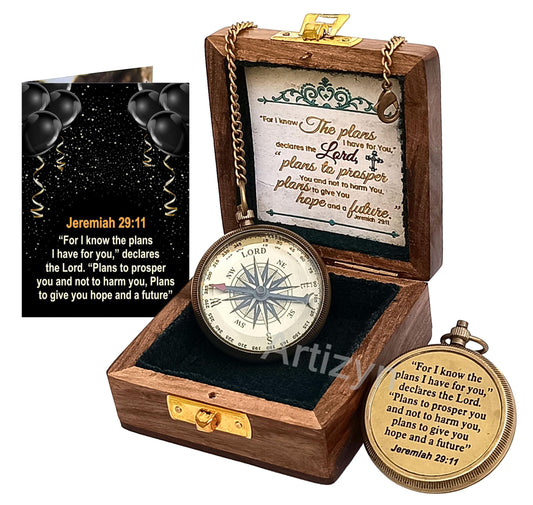 For I Know The Plans I Have For You Brass Magnetic Compass Engraved with Scripture Jeremiah 29:11, Directional Compass, Religious Gifts For Men, Easter Gifts For Teen Boys