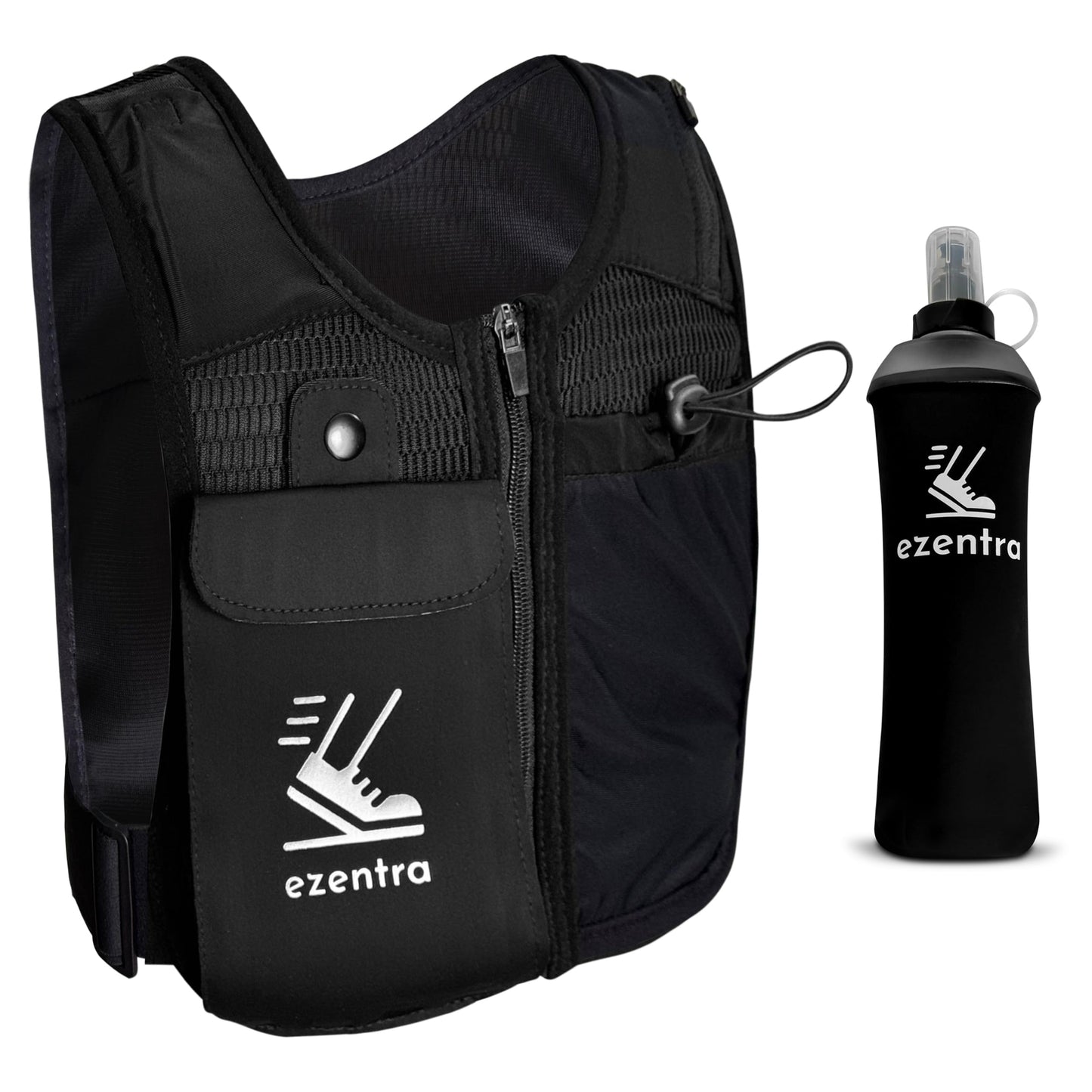 EZENTRA Running Vest Zip, Reflective Running Vests with 6 Pockets, 500ml Hydration Bottle, Adjustable Chest & Waistband, Breathable Material, Chest Pack Gear, Phone Holder, Men & Women,