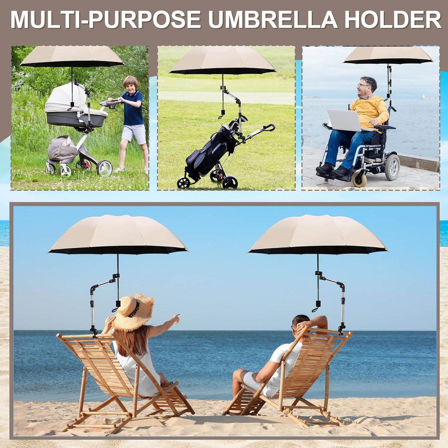 2 Pcs Beach Chair Umbrella with Clamp 49.2" 360° Adjustable Golf Umbrella with Clip and Retractable Stand Sun Shade for Camping Outdoor Travel Patio Wheelchair Golf Cart Stroller