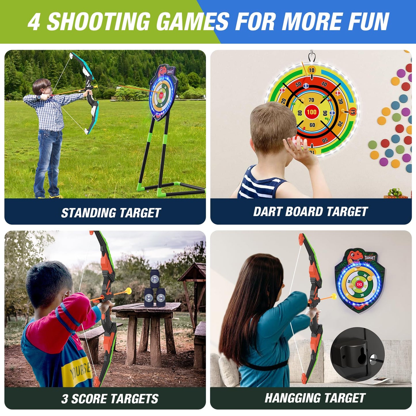 HYES 2 Pack Kids Bow and Arrow with 29" Large Dart Board, LED Light Up Archery Set with 24 Suction Cup Arrows, Indoor Outdoor Sport Toys Gifts for 3 4 5 6 7 8 9 10 11 12 Year Old Boys Girls