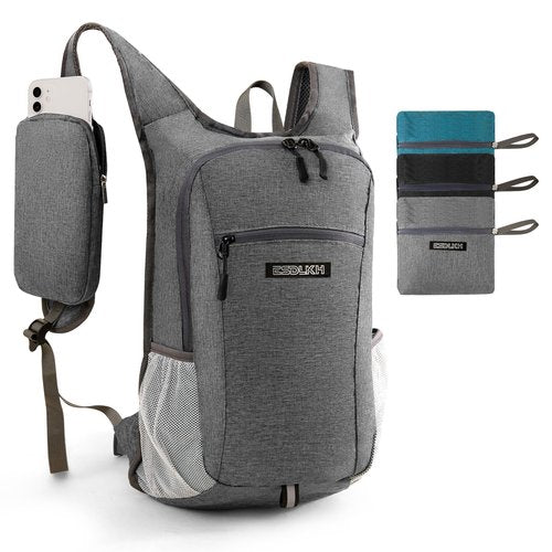 ESDLKH Small Hiking Backpack with Detachable Front Phone Holder, Foldable Packable Back pack with Chest and Waist Strap, Lightweight Daypack for Women Men (Gray, 15L)