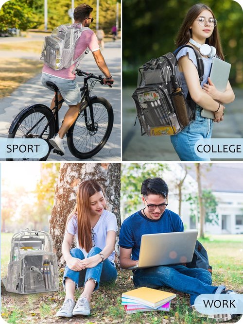 Flowston Clear Backpack Heavy Duty, 17 Inch Large TPU Clear Bookbag for Boys Girls Adult, See Through Book Bag Transparent Backpacks with Multiple Pockets for School College Work Casual Sport, Black