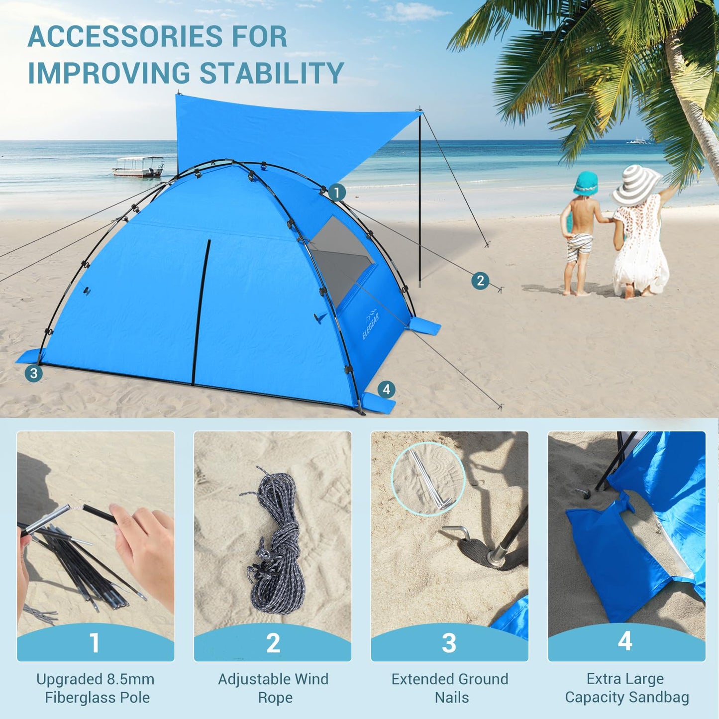 Elegear CumbreX™ Beach Tent Sun Shelter with Canopy, 4-5 Person Pop Up Beach Tent Cabana, Easy Setup UPF 50+ UV Protection Portable Lightweight Double Silver Coating Sun Shade Shelter - Dark Blue
