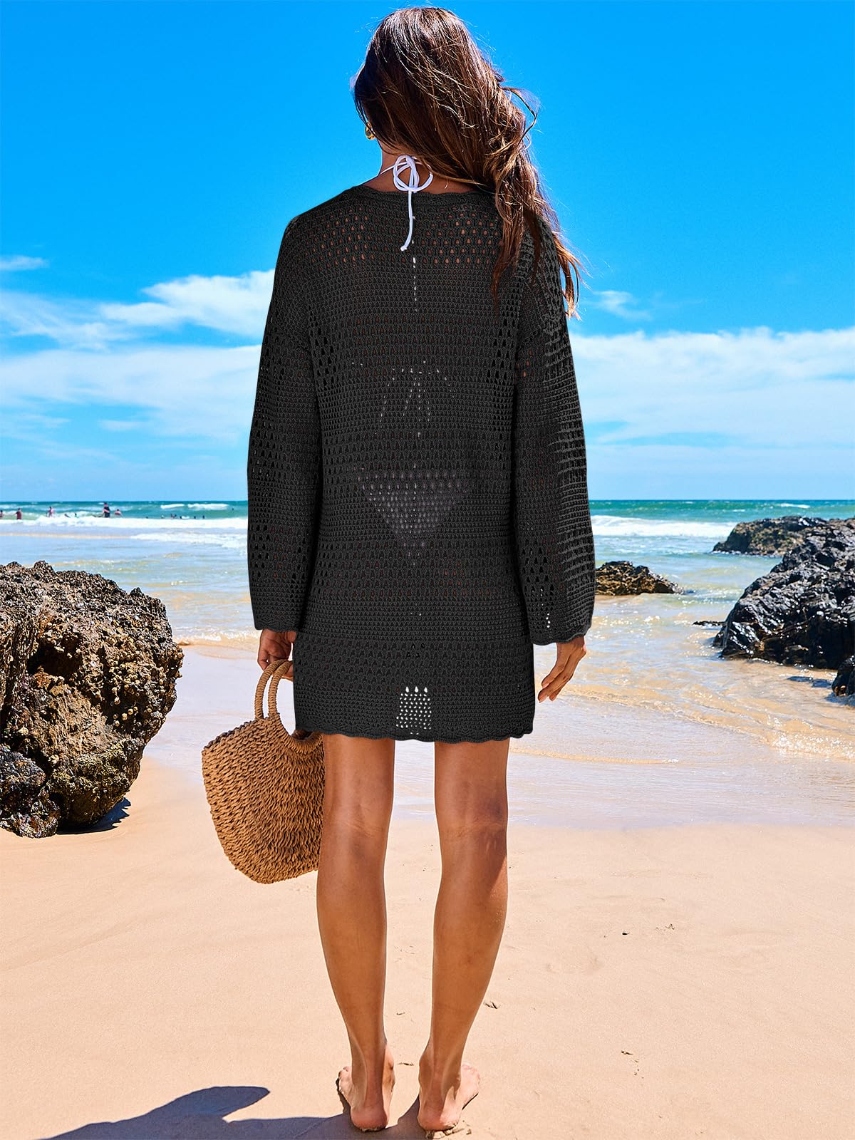ANRABESS Women Swimsuit Crochet Swim Cover Up 2026 Summer Bathing Suit Swimwear Mesh Knit Beach Dress Vacation Outfits Black XX-Large