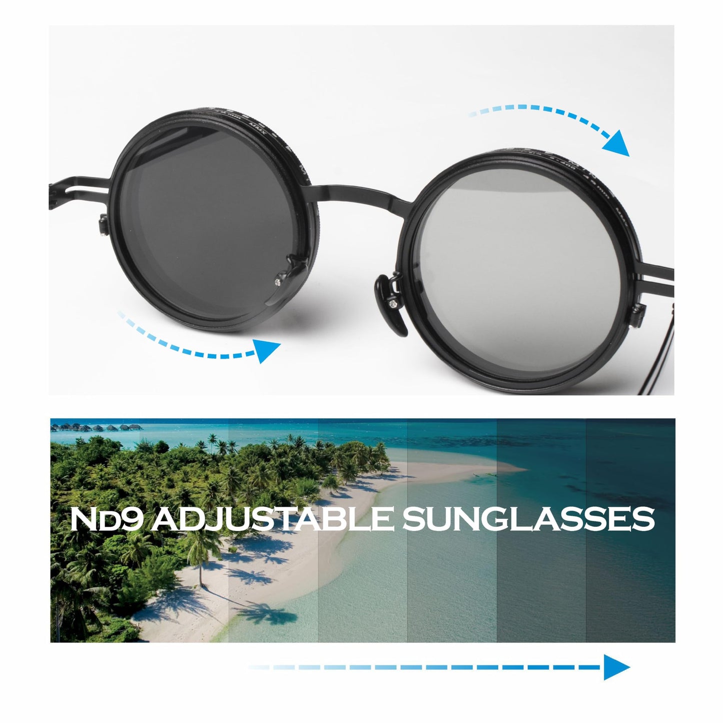 Adjustable Tint Sunglasses, 1-9 Gears Steampunk Retro Metal Round Polarized Glasses with ND Filter Lenses