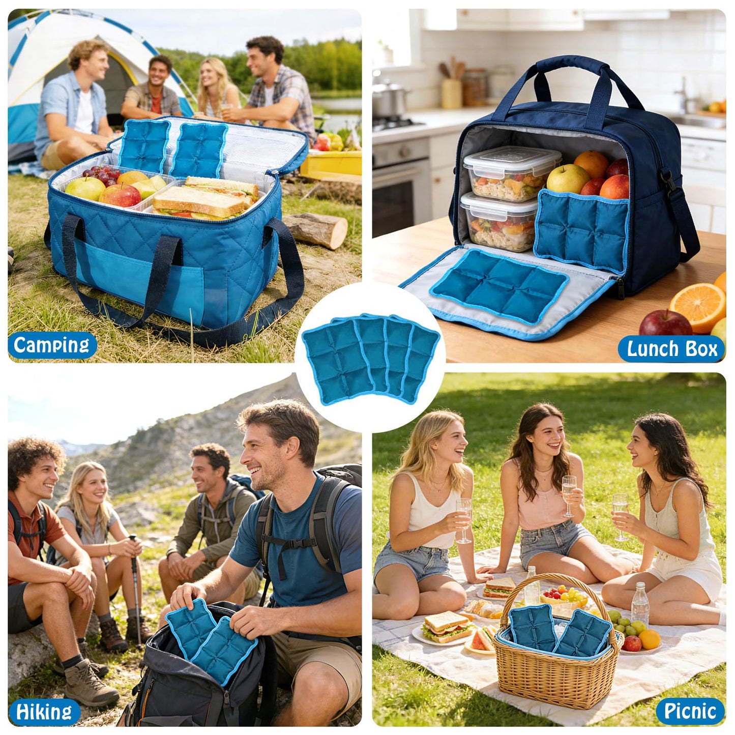 4pcs Reusable Ice Packs for Lunch Boxes & Coolers, (6”x4”x0.7”) Slim Freezer Packs for Lunch Bags, Small Non-Toxic Cooler for Picnic & Camping