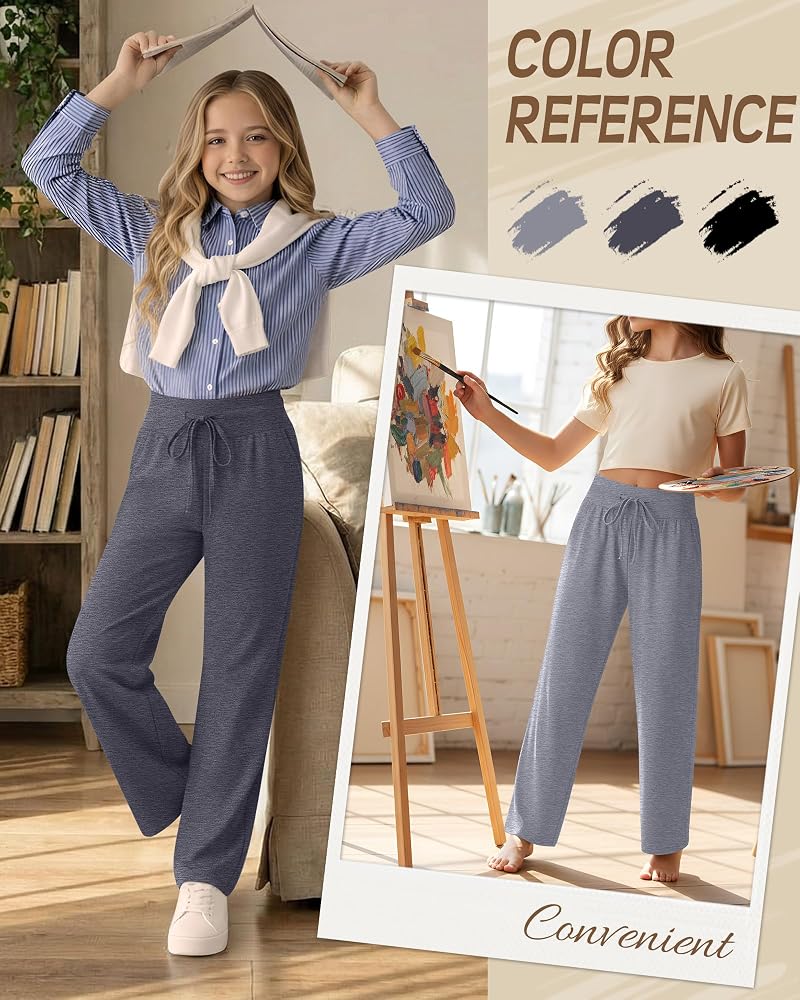 3 Pack Girls Wide Leg Sweatpants - Light Gray, Dark Gray, Black 13-14 Years