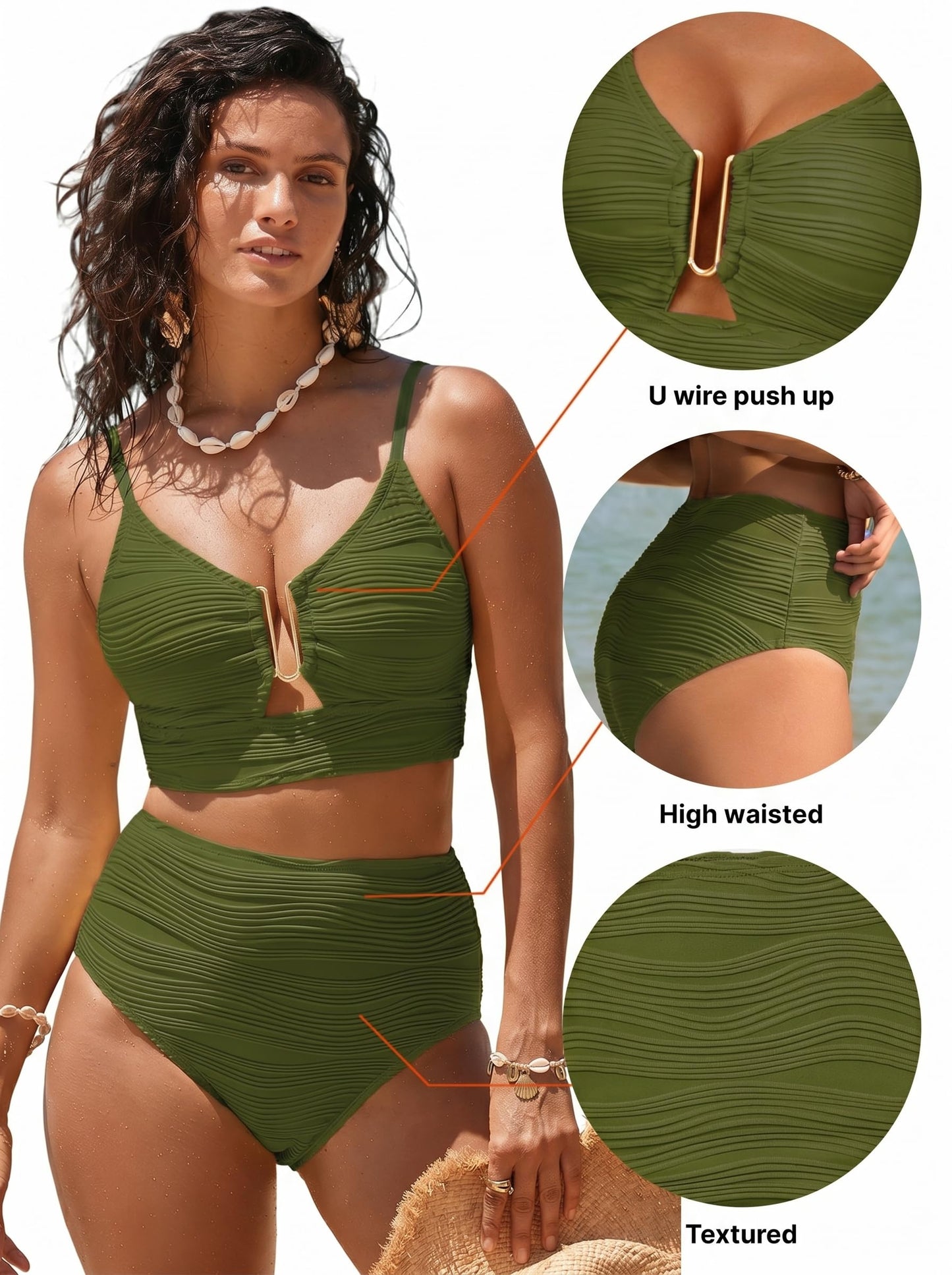 Herseas Women Popular Swimsuits Two Piece Push up Ribbed Ruched High Rise Bikini Sets Longline Modest Solid Full Coverage Beach Essentials Swim Suit Grass Green Large