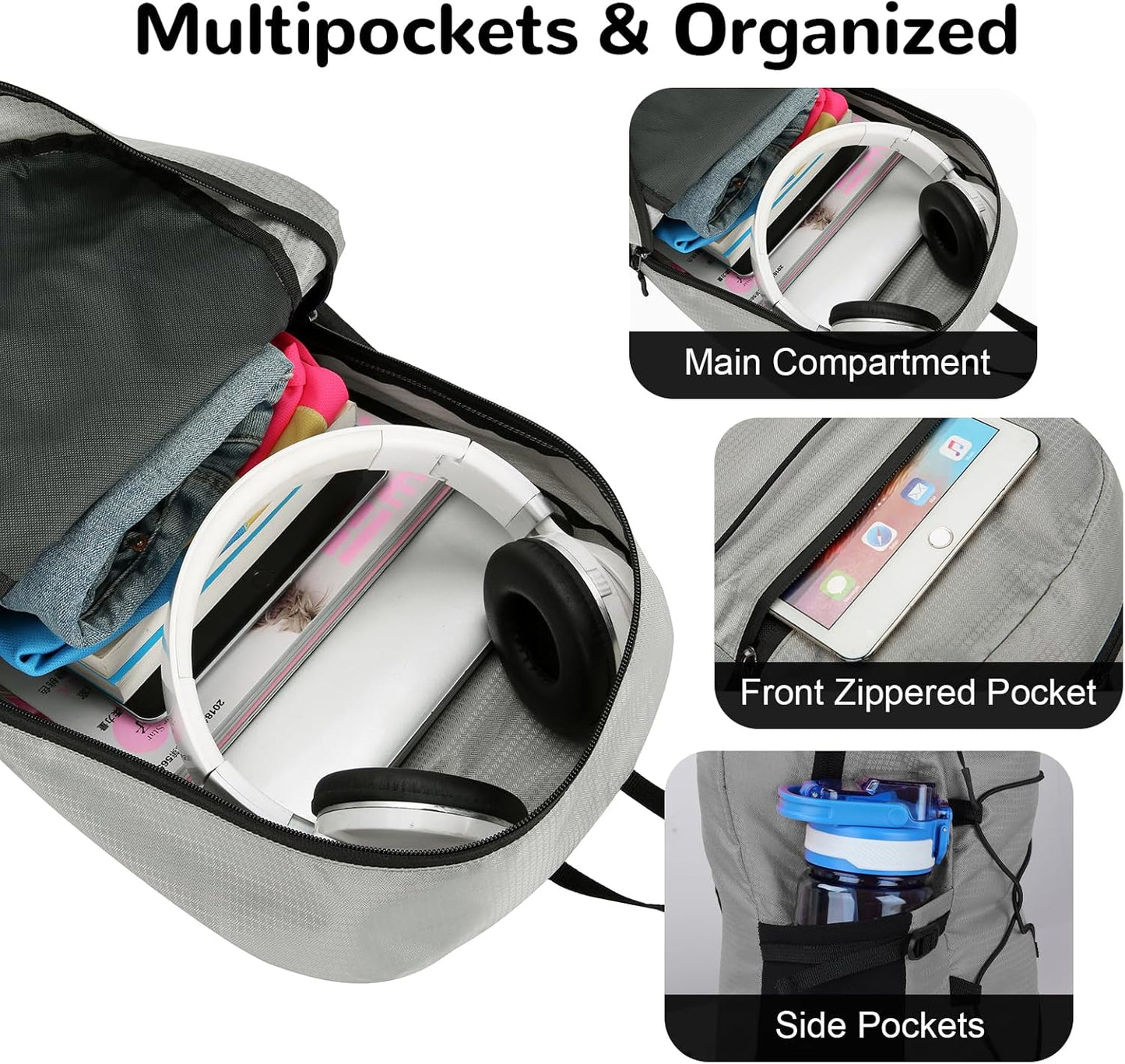15L Small Foldable Hiking Backpack for Men Women, Packable Collapsible Daypack for Casual, Light Gray