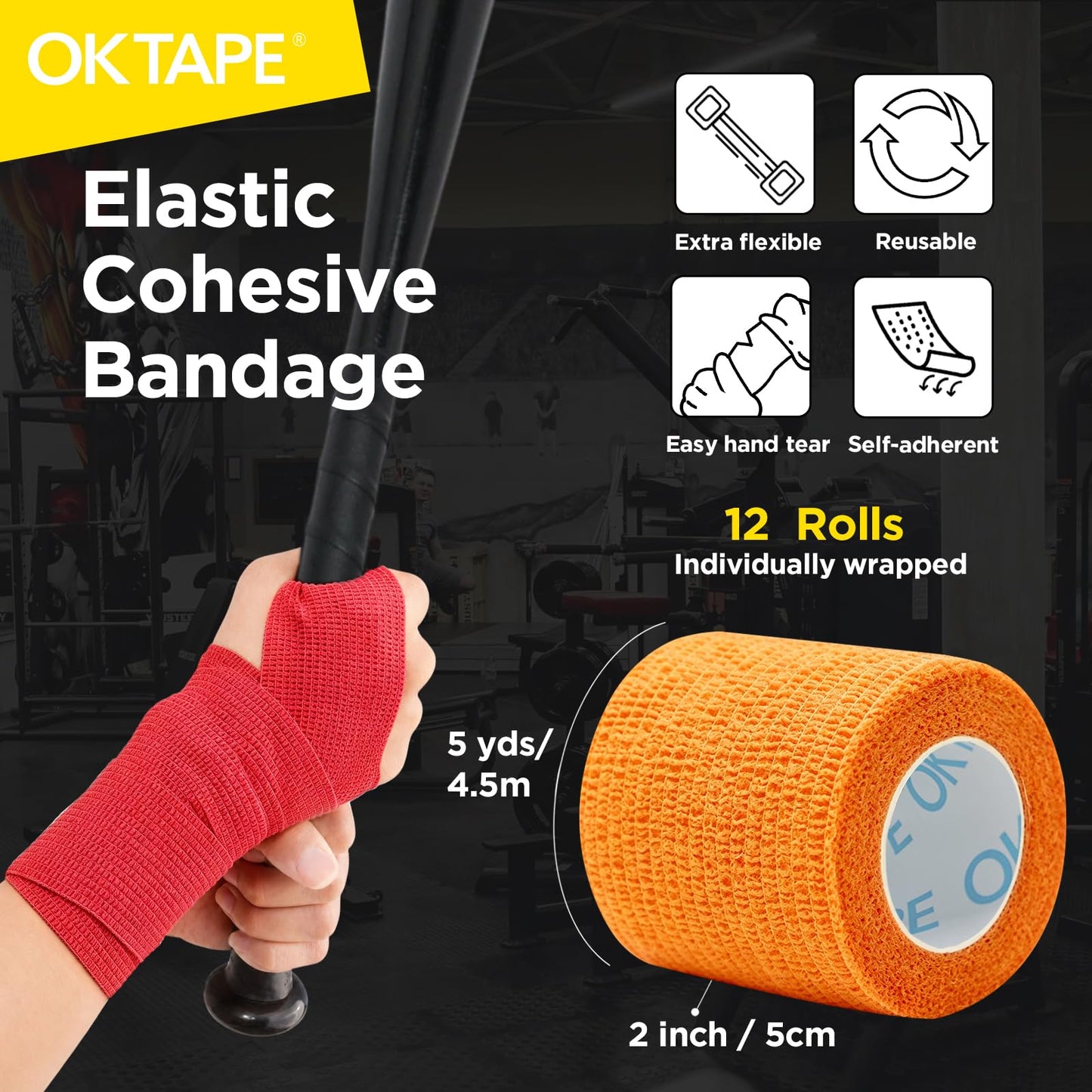 OK TAPE 12 Rolls Self Adhesive Bandage Wrap, Elastic Athletic Tape, Self Stick Bandage Tape, Vet Wrap, Medical Wrap for Wrist, Feet, 2" x 5 Yards