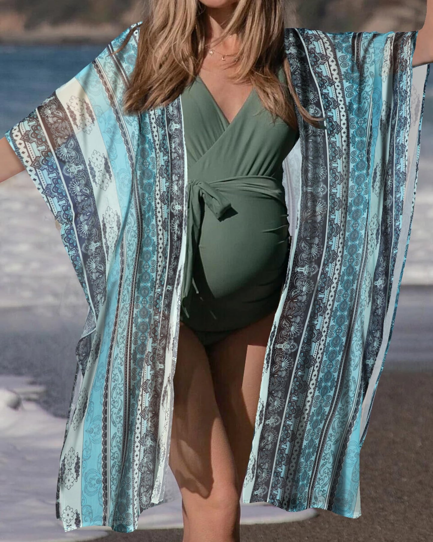 CHICGAL Kimonos for Women Oversized Beach Cover Up Summer Vacation Outfits Resort Cruise Wear (01-Blue Stripe Ethnic Print,M)