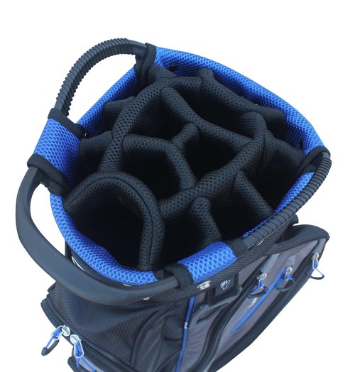 Rife Golf RF-LITE Cart Bag – 14-Way Divider Top with Putter Pit, 9.5" Lightweight Nylon Bag, 9 Zippered Pockets, Insulated Cooler Pocket, Black and Blue