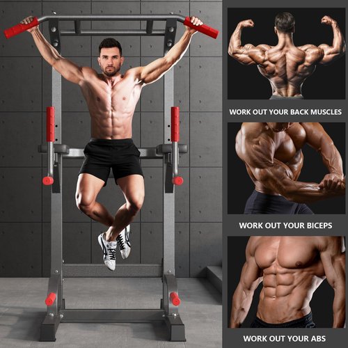 SogesPower Power Tower Pull Up Bar Station Multi-Function Pull Up Bar Stand for Home Gym, Adjustable Height Pull Up Dip Station Dip Bar Strength Training Fitness Equipment,Up to 500LBS, Black