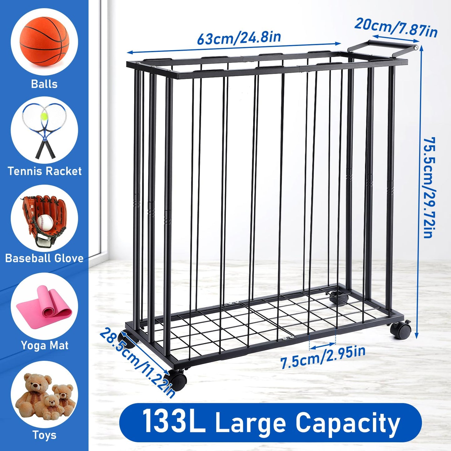 TOBWOLF Large Garage Ball Storage Rack with Wheels, Sports Equipment Organizer Rolling Ball Storage Cart, Freestanding Ball Holder with Elastic Rope for Basketball, Football, Garage, Gym