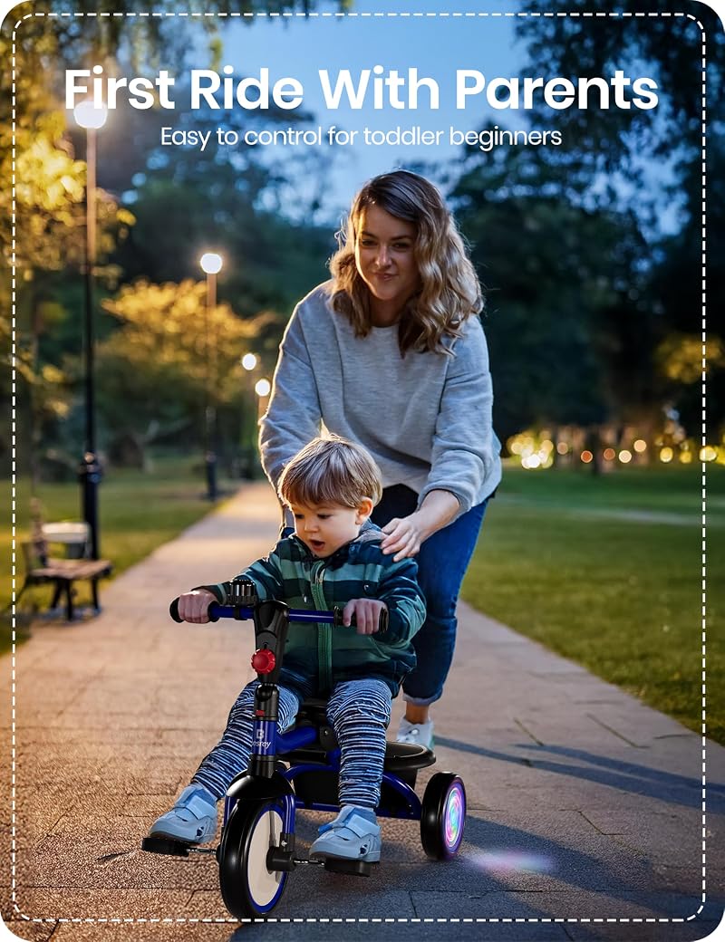 Besrey Blue Flash Wheel Tricycle for Toddlers 18 Months to 5 Years - 2-in-1 Foldable Kids Bike with Bell