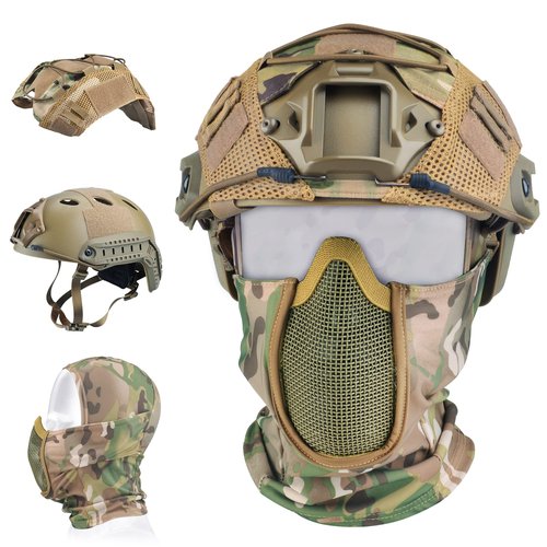 Guayma Airsoft Tactical Fast Helmet with Mesh Mask Headgear, PJ Type Paintbal Helmet with NVG Mount for Outdoor Sports CS Game (02-Tan-Large)