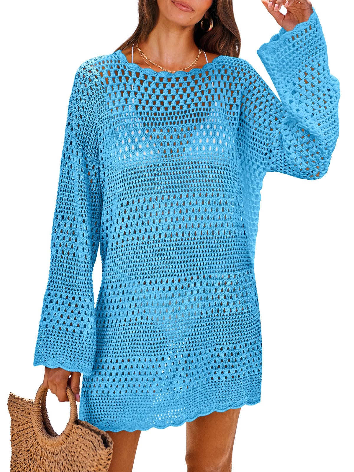 ANRABESS Women Swimsuit Crochet Swim Cover Up 2026 Summer Bathing Suit Swimwear Mesh Knit Beach Dress Vacation Outfits Blue Large