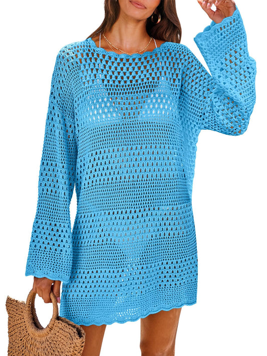 ANRABESS Women Swimsuit Crochet Swim Cover Up 2026 Summer Bathing Suit Swimwear Mesh Knit Beach Dress Vacation Outfits Blue Large