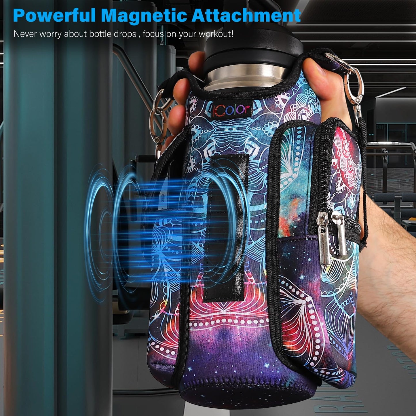 icolor Magnetic Gym Bag Water Bottle Carrier Holder with Phone Pockets & Shoulder Strap,5 Built-in Magnets Gym Bottle Pouch Sleeve,Magnetic Bag Gym Accessories Organizer for Men Women (Mandala)
