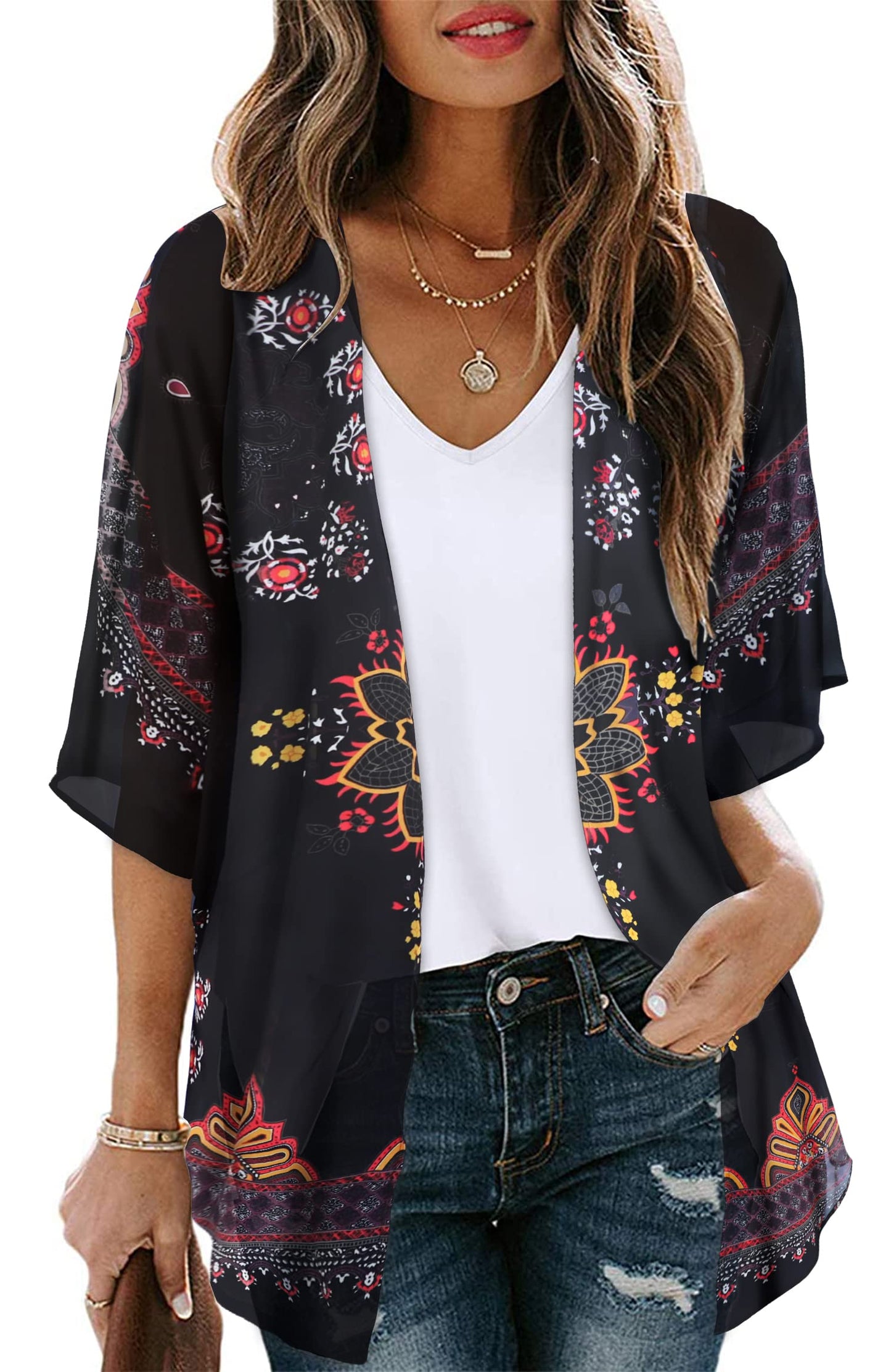 Womens Kimonos Beach Cover Up Chiffon Cardigan Floral Blouse Loose Fit Cape Top Summer Resortwear(Orange Black,2XL)