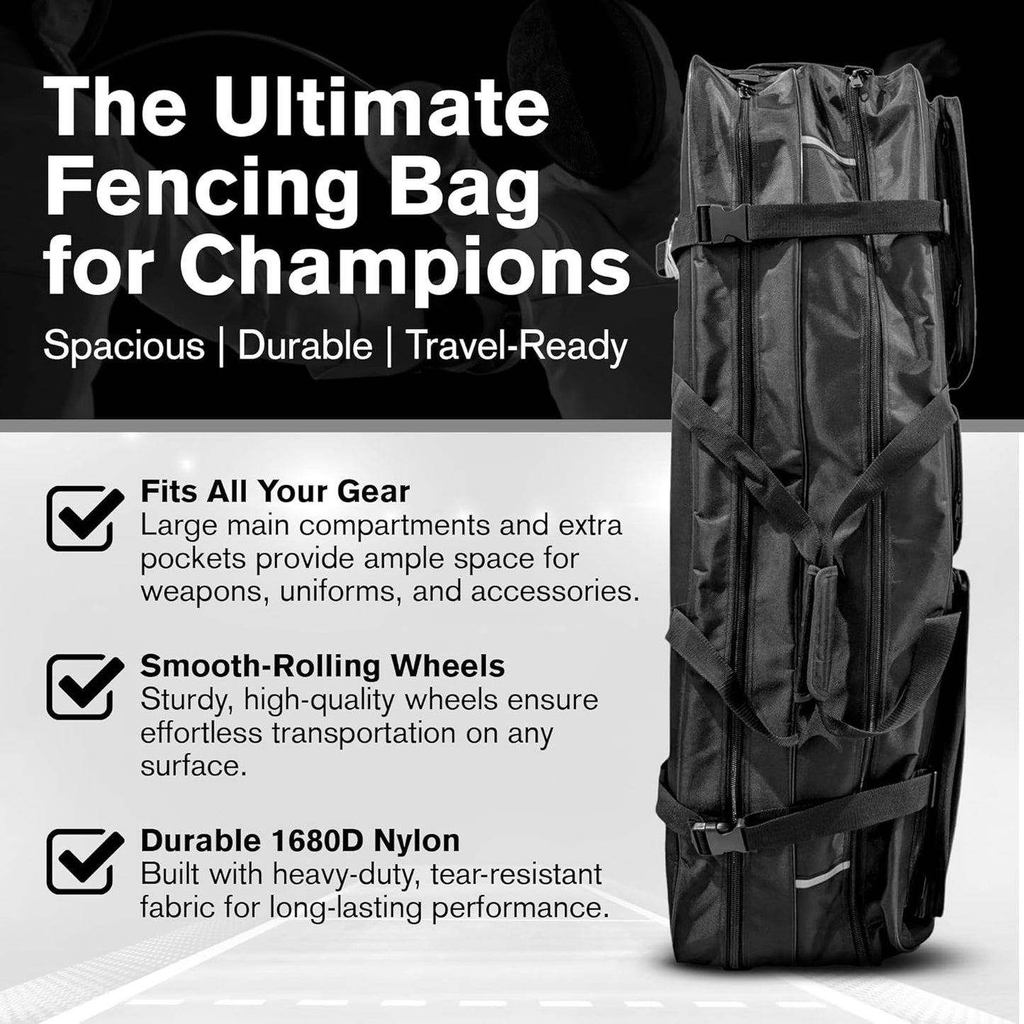 Two Compartment Fencing Bag, Wheeled Sports Equipment Bag for Foil Epee and Saber, Travel Gear, Competition Roll Bag with Straps, Elite Competition Team Bag Adjustable Compartments