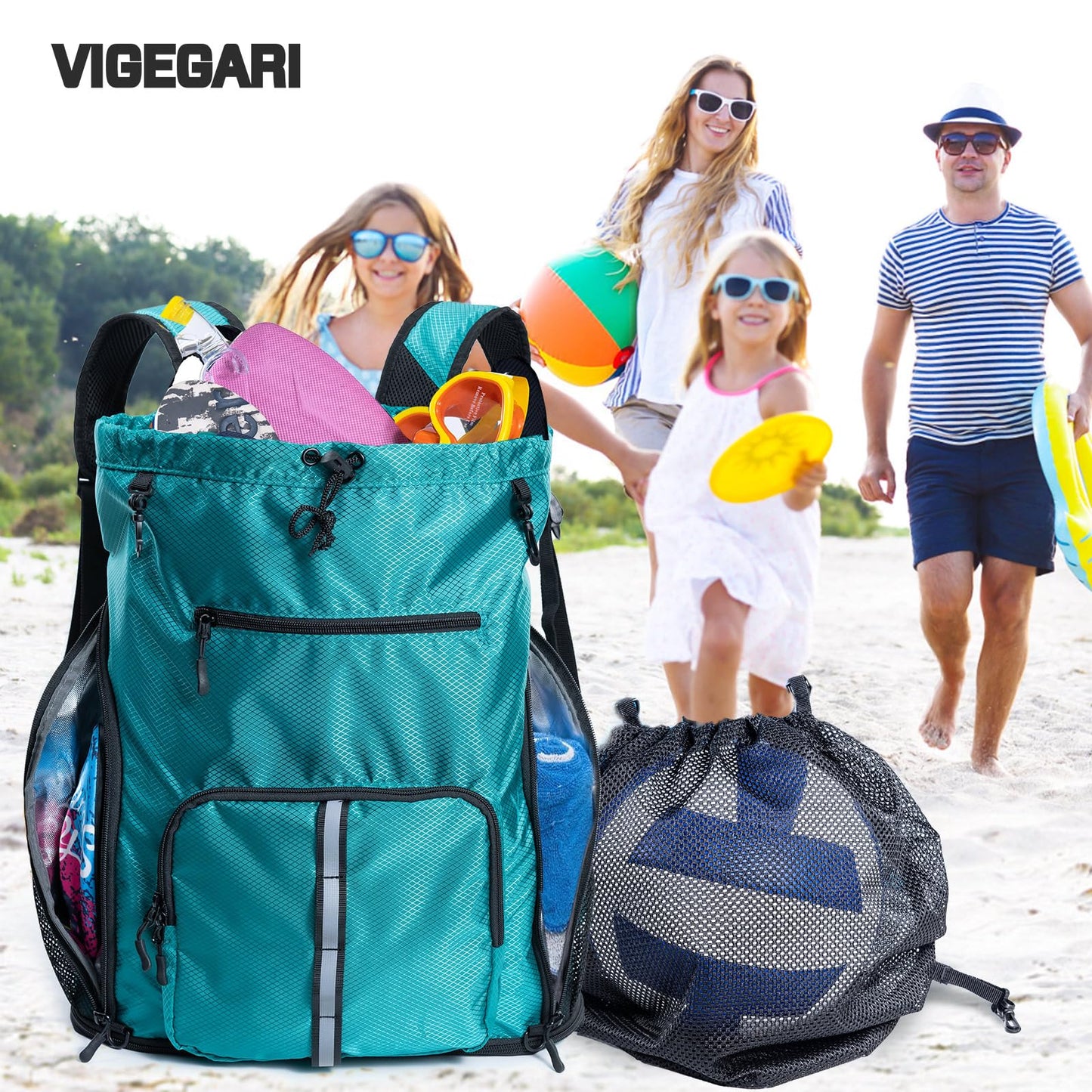VIGEGARI Large Beach Backpack Waterproof Sandproof - Customized Oversized Drawstring Pool Bag with Shoe Compartment for Toiletries, Towels, Gym, Travel