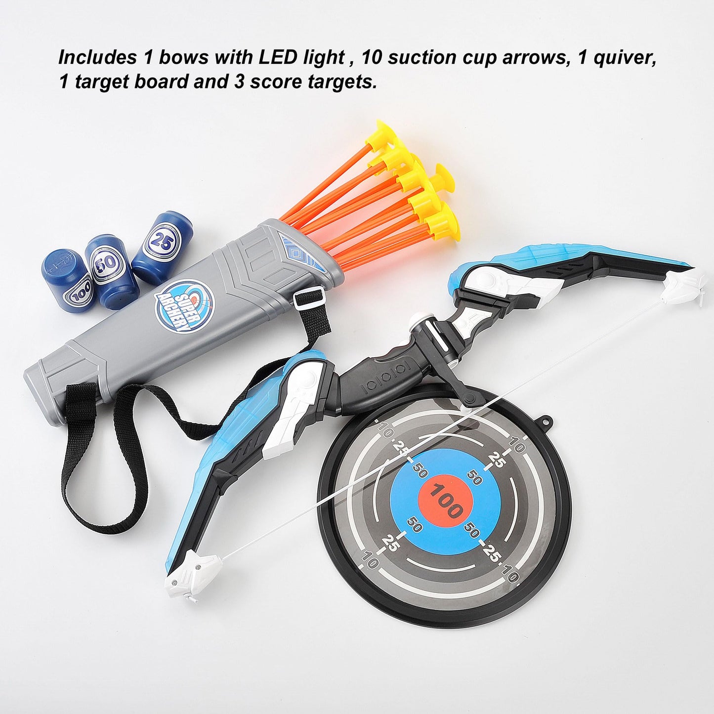 PowerTRC Kids Bow and Arrow Set, Bow and Arrow Set for Kids 8-12 – Kids Archery Set with Target Practice LED Light Up with 10 Suction Cup Arrows & Quiver Outdoor Play Toys (Blue)