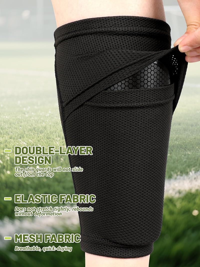 Youth Protective Soccer Shin Guards Sleeves Set, Black - 6-9 Years
