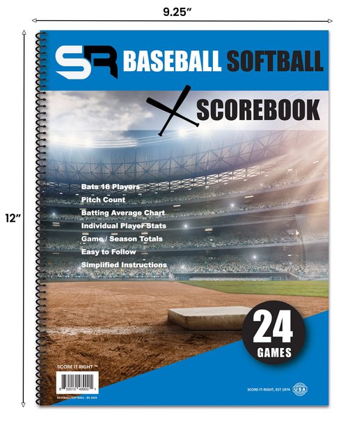 Score It Right Little Blue Baseball/Softball Scorebook – Premium Score Keeping Book – 16 Player - 24 Game Scorebook with Pitch Count, Individual Player Stats, Batting Average Chart - 9.25" x 12"