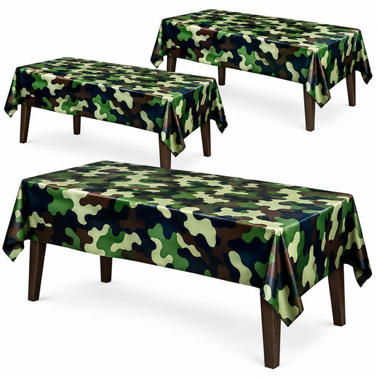 AnapoliZ Army Plastic Tablecloth | 3 Pcs Pack (54” Inch Wide x 102” Inch Long) | Rectangular Camouflage Table Cover | Military Party Table Decorations | Camo Party Plastic Table Cover