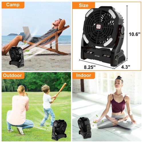 Sugoiti Portable Camping Fan 20000mAh Rechargeable Battery, 4-Speed Quiet Cooling Blower with LED Lantern, 4 Timing, Hanging Hook for Outdoor Picnic Tent Beach Fishing Black