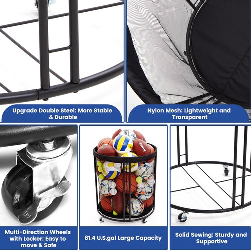 Ball Cart, 82 U.S. GALS Ball Bin, Rolling Basketball Storage Bin with Wheels for Garage, School, Ball Club, Indoor, Outdoor, Mesh Ball Organizer Garage (XXL)