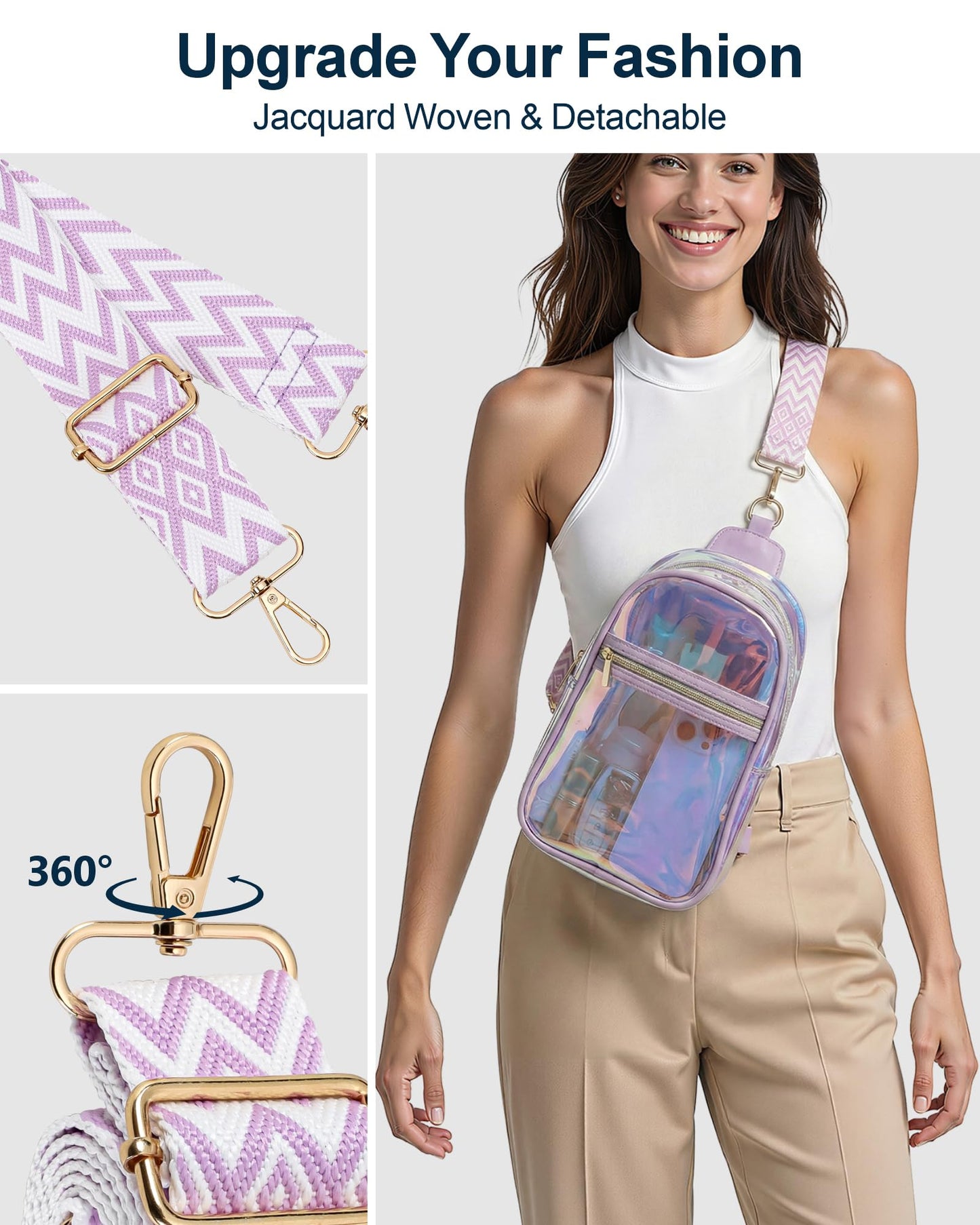PACKISM Semi-Transparent Holographic Sling Bag for Women - Fashion Purse Iridescent Crossbody Bag for Music Festivals Raves with Jacquard Strap, Purple (Check Venue Rules Beforehand)