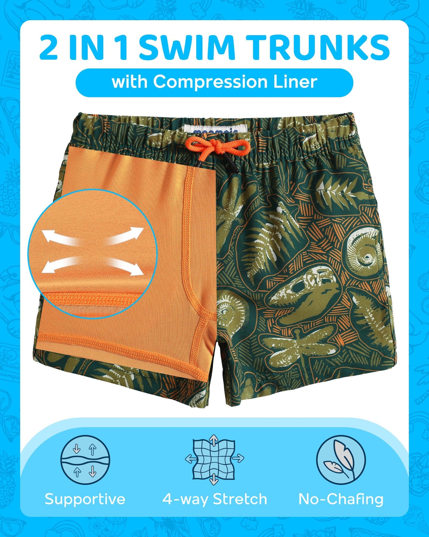 maamgic Boys Swim Trunks with Compression Liner Toddler Boy Swimsuit Quick Dry 4-Way Stretch Swimming Trunks Fossil Dark Green 2T